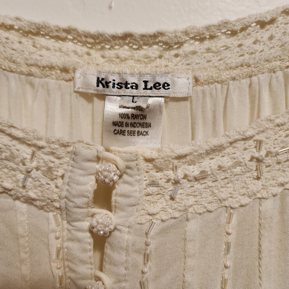 Krista Lee Embroidered Sequined Cream Lace Detail Women's Blouse Lg - Picture 2 of 13